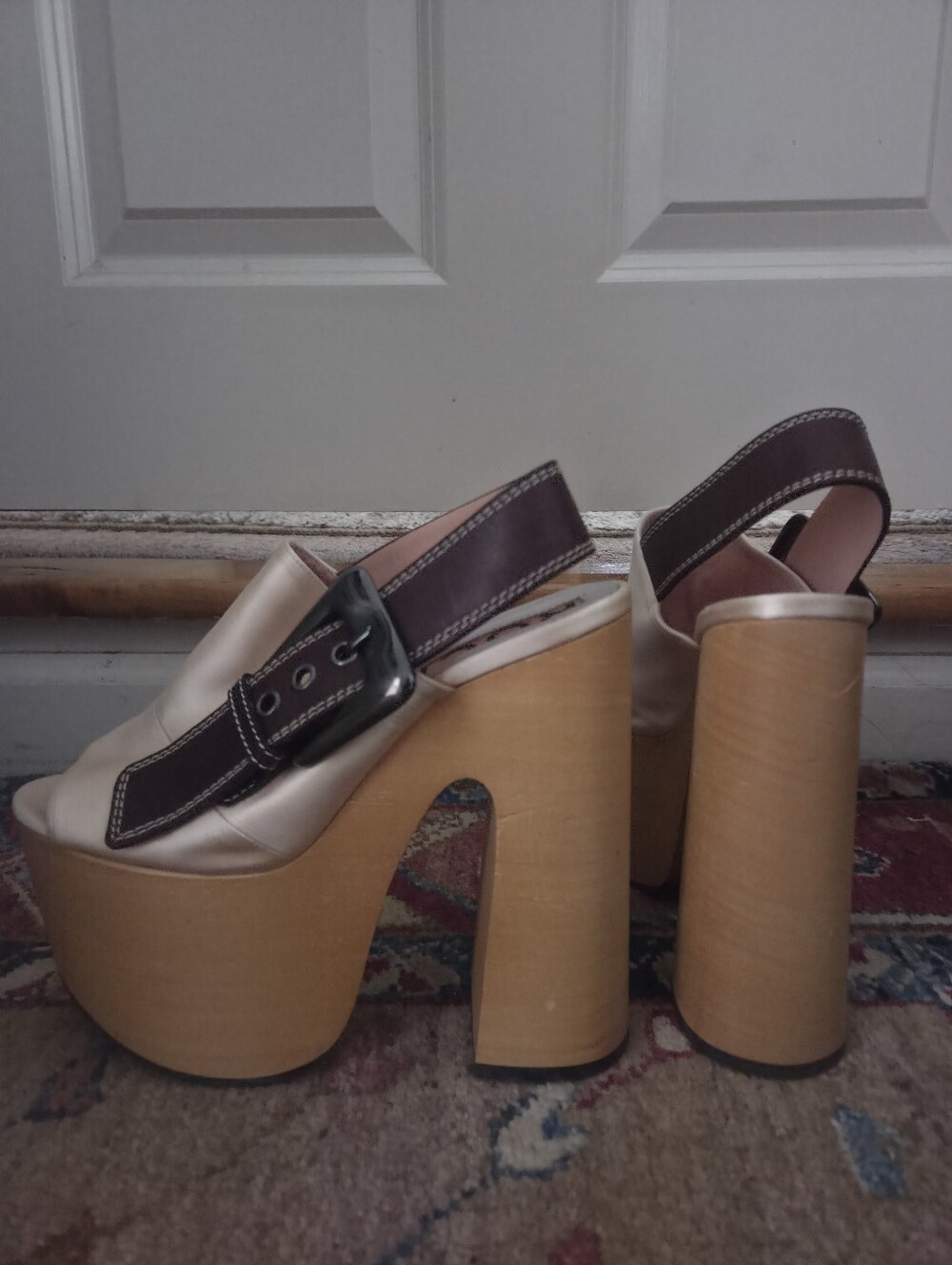 Rochas Satin Blush Pink Platform Sandals with Dark Brown Buckle Strap - Size 7